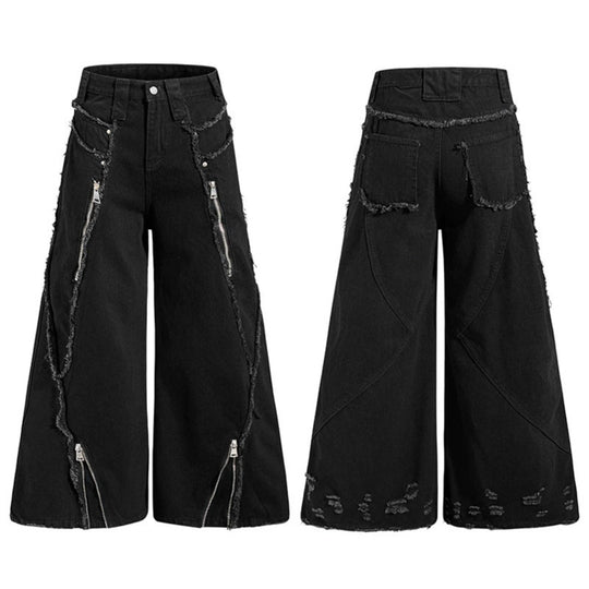 Damen weite Denim-Culotte mit Fransen-Details und Zipper-Akzenten Nord Taschen