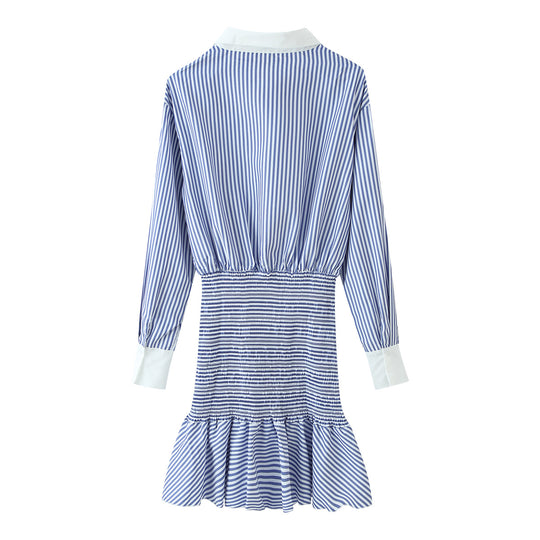 Damen Gestreiftes Hemdblusenkleid mit Taillen-Smokung, Schößchen und Kontrastkragen Nord Taschen