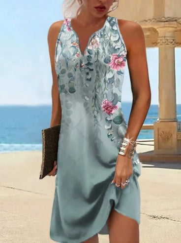 Damen, lässiges Sommerkleid mit V-Ausschnitt und asymmetrischem Saum