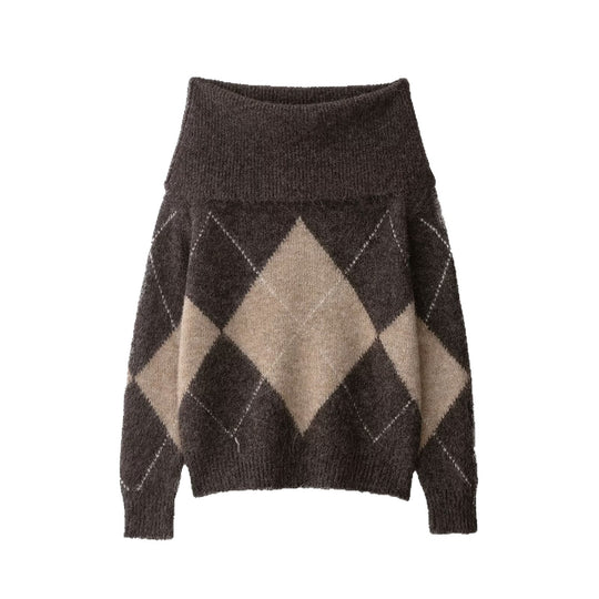 Damen Oversized Strickpullover mit Rollkragen und Rautenmuster Nord Taschen