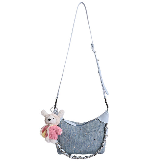 Damen modische Denim Umhängetasche mit Kettenriemen und Plüschanhänger Nord Taschen
