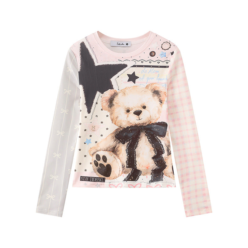 Damen Langarmshirt mit verspieltem Teddybär-Print, Mixed-Muster und Spitzenband Nord Taschen