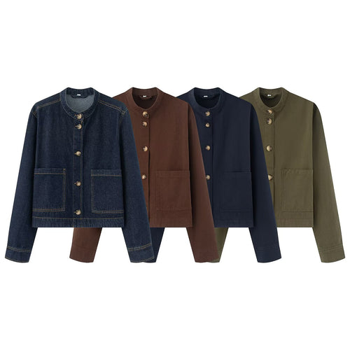 Damen Kurzjacke mit Stehkragen, Boxy‑Cropped Silhouette und aufgesetzten Taschen Nord Taschen