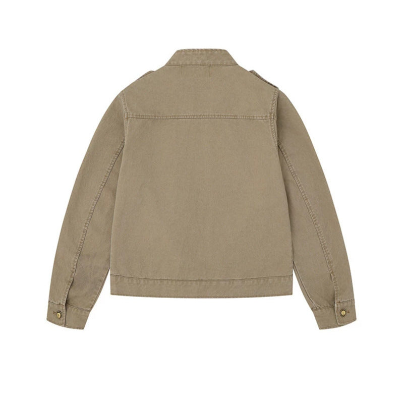 Damen Military-inspirierte Baumwoll-Canvas-Jacke mit Stehkragen, Zierknopfleisten und Schulterpatten Nord Taschen