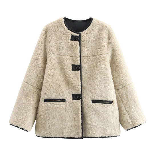 Damen Boxy-Teddyjacke im Faux-Shearling mit Rundhals, Knopfverschluss und Lederpaspeln Nord Taschen