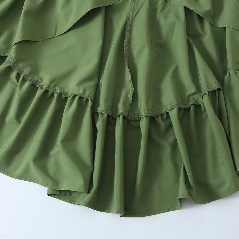 Damen Fließendes Maxikleid mit Ballonärmeln, Rüschendetails und Stehkragen Nord Taschen