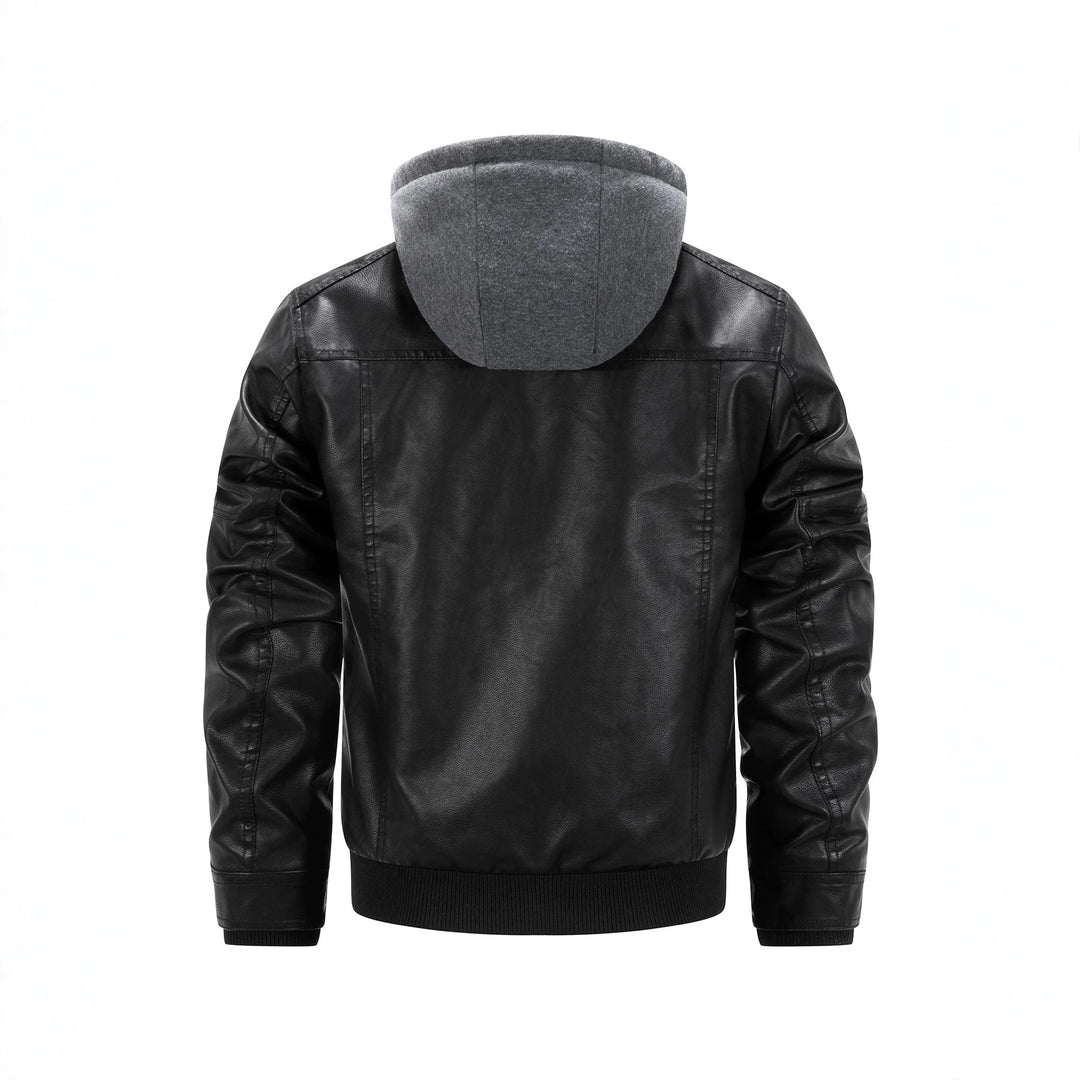 Herren Kunstleder-Bikerjacke mit abnehmbarer Kapuzenblende und gesteppter Seitenpartie Nord Taschen