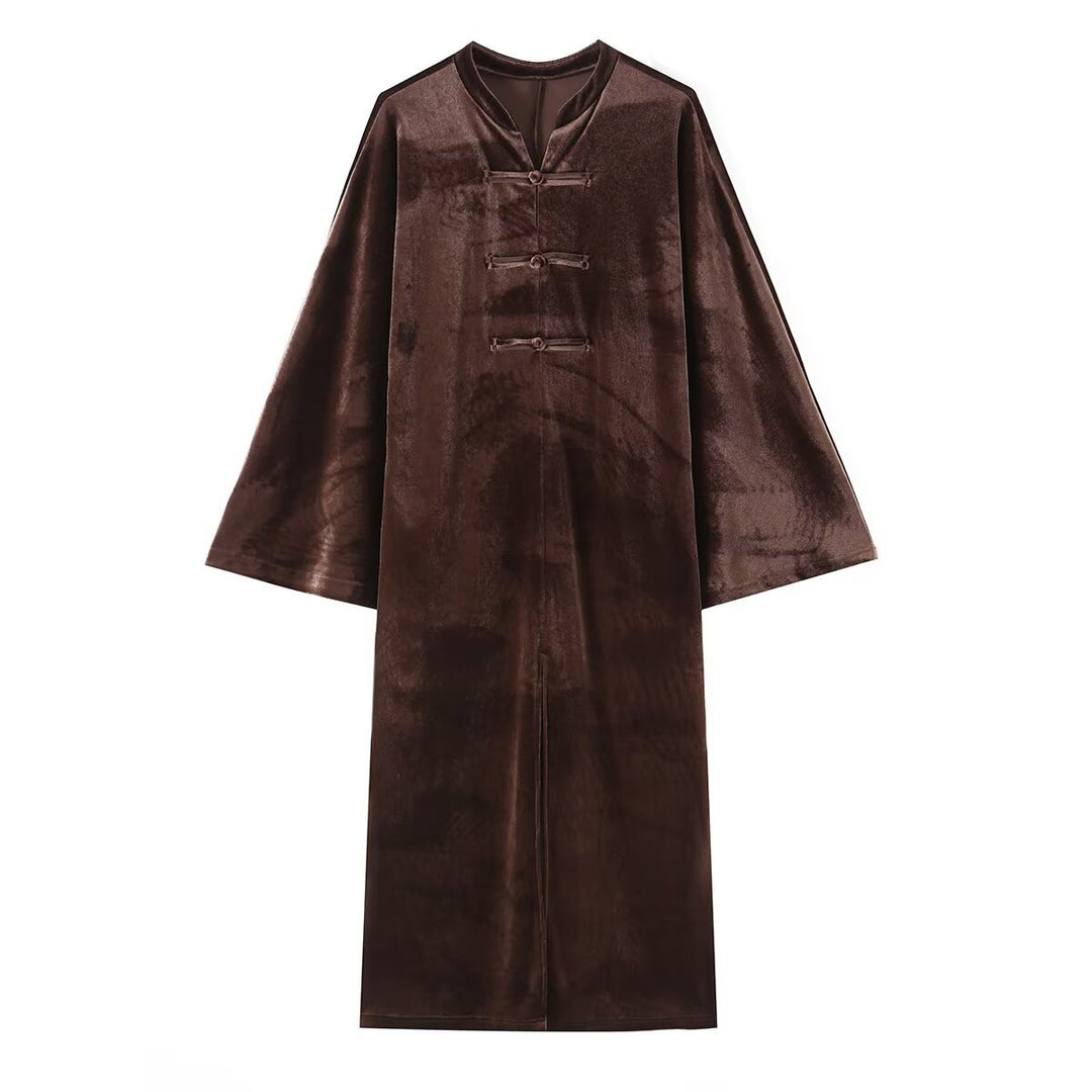 Damen Langer Samt-Mantel im Kimono‑Stil mit Mandarin‑Kragen und Knotenverschlüssen Nord Taschen