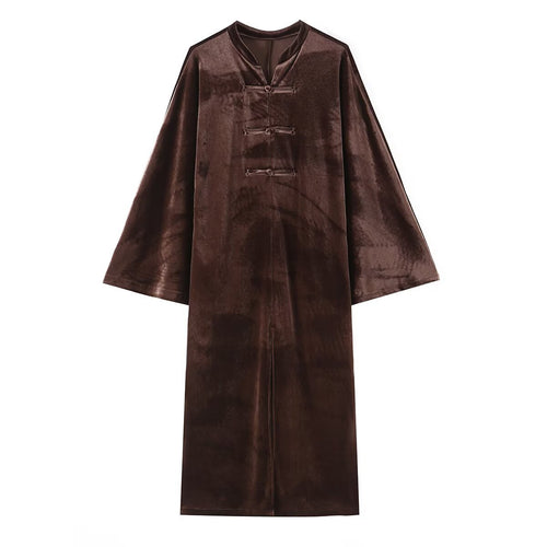 Damen Langer Samt-Mantel im Kimono‑Stil mit Mandarin‑Kragen und Knotenverschlüssen Nord Taschen