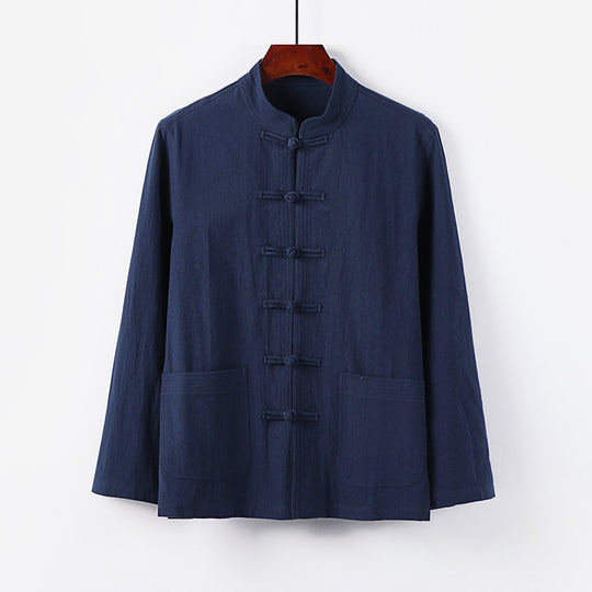 Herren traditionelle Tang-Jacke mit Stehkragen und Knotenknöpfen aus Leinenmischung Nord Taschen