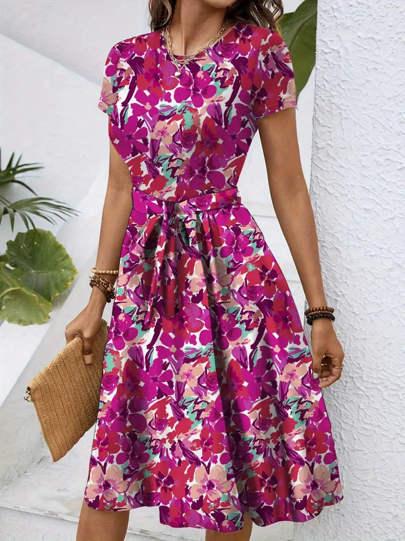 Damen Elegantes Midikleid mit floralem Design und Taillengürtel Nord Taschen
