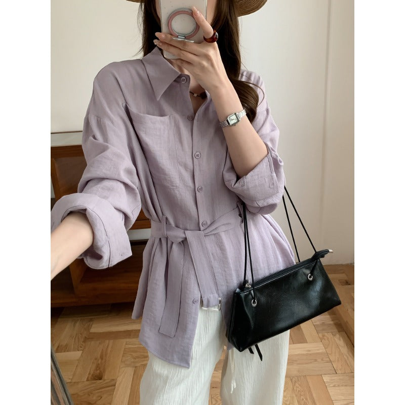 Damen Weit geschnittene Leinen‑Hemdbluse mit Taillengürtel und Brusttasche Nord Taschen