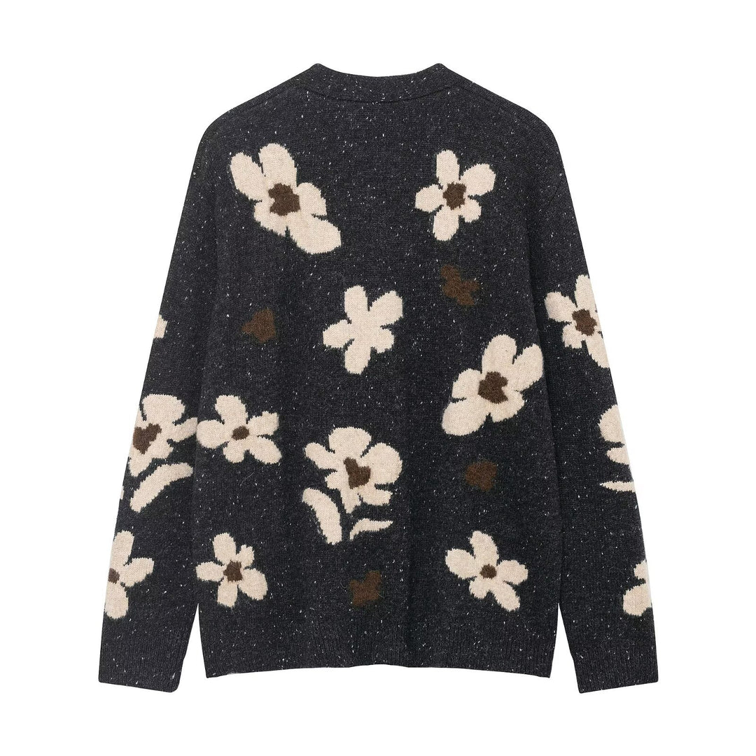Damen Strickcardigan mit Leopardenjacquard, perlenverzierten Zierknöpfen und kurzem Saum Nord Taschen