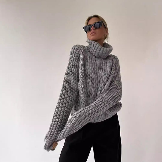 Damen Oversized Grobstrick-Pullover mit Rollkragen und weitem Schnitt Nord Taschen