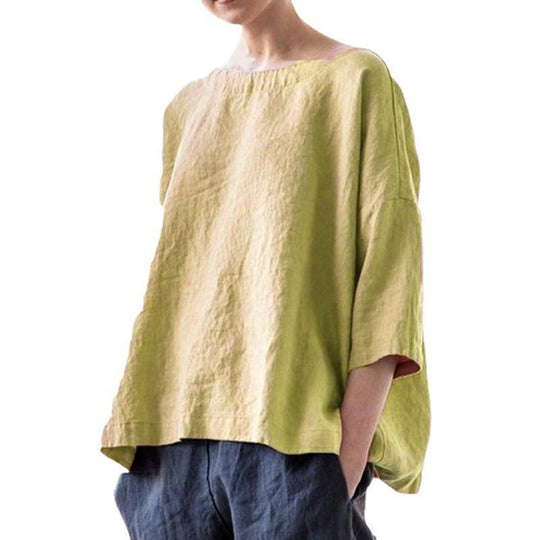 Damen Oversized Leinenbluse mit weitem Boxy‑Schnitt, U‑Boot‑Ausschnitt und 3/4‑Ärmeln Nord Taschen