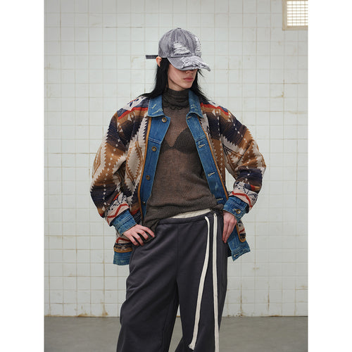 Unisex Weit geschnittene Jacquard-Linerjacke mit Denim-Besatz und grafischem Ethno-Muster Nord Taschen