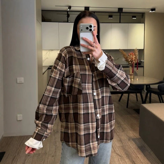 Damen Kariertes Flanell-Overshirt mit Hemdblusenkragen, Relaxed-Fit und aufgesetzter Brusttasche Nord Taschen
