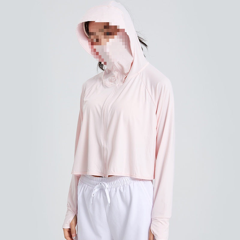 Damen Leichte Sportliche UV-Schutz-Kapuzenjacke mit kurzem Cropped‑Schnitt, Raglanärmeln & Daumenlöchern Nord Taschen