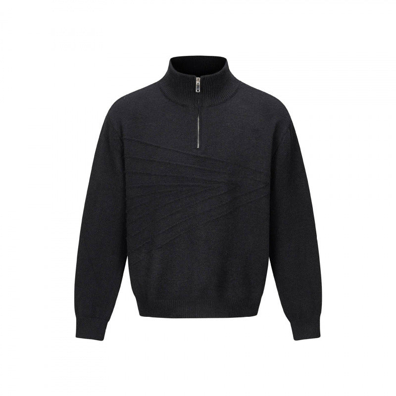Unisex Feinstrick-Halbzipp-Pullover mit Stehkragen und diagonaler Struktur Nord Taschen