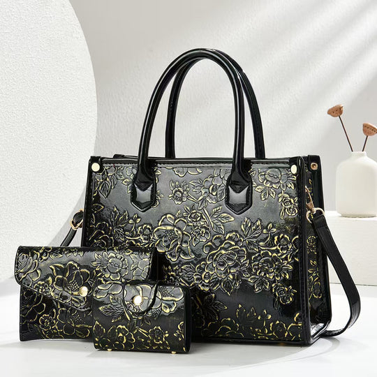 Damen elegante Handtasche mit floraler Prägung und abnehmbaren Zubehör Nord Taschen