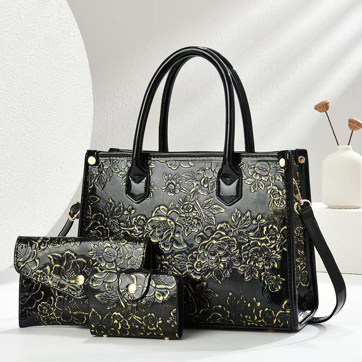 Damen elegante Handtasche mit floraler Prägung und abnehmbaren Zubehör Nord Taschen