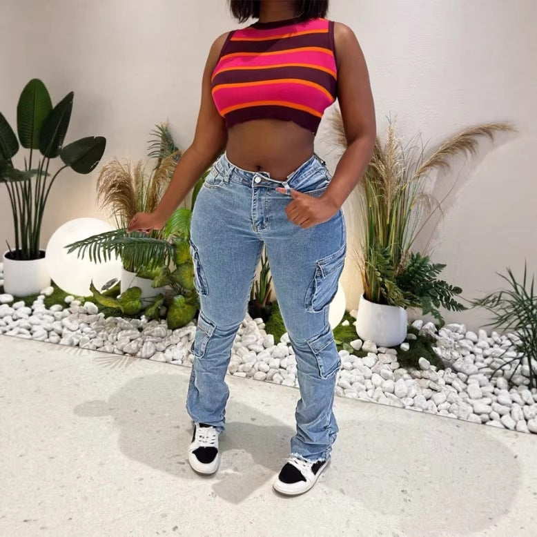 Damen Cargo-Denim-Jeans mit hoher Taille, Slim‑Fit-Hüfte und aufgesetzten Utility-Taschen Nord Taschen