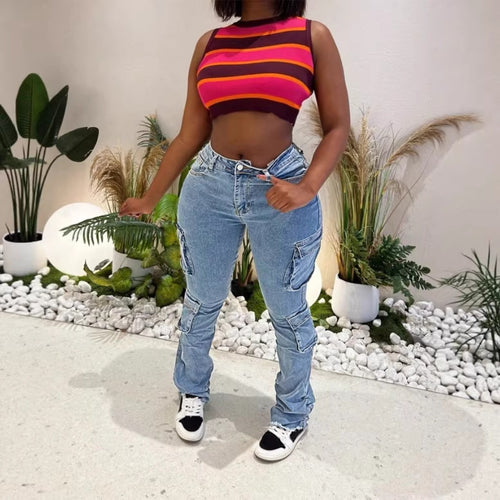Damen Cargo-Denim-Jeans mit hoher Taille, Slim‑Fit-Hüfte und aufgesetzten Utility-Taschen Nord Taschen
