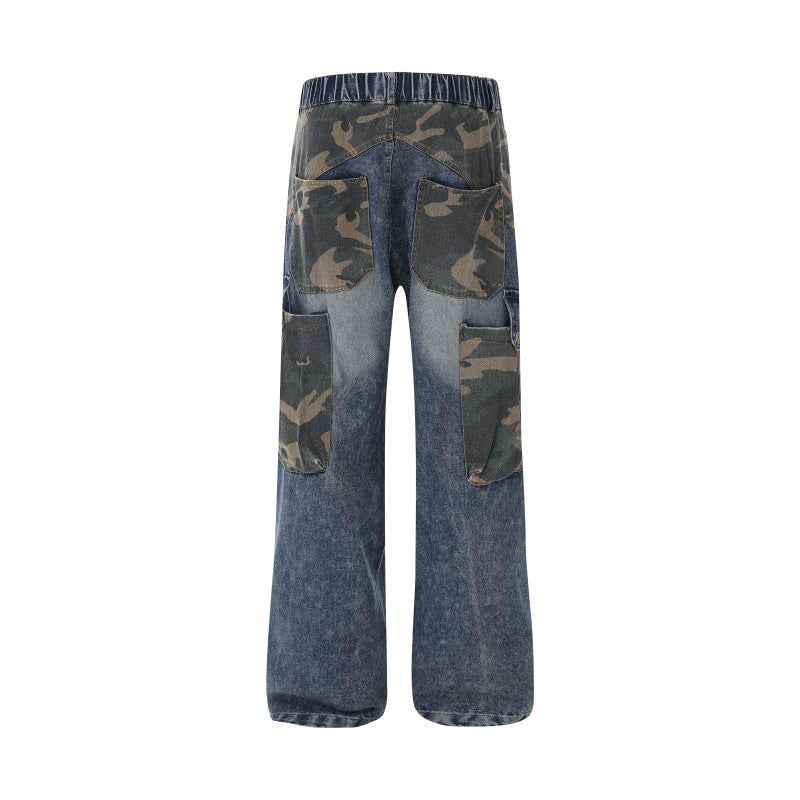 Damen Weite High‑Waist Denim‑Cargohose mit Camouflage‑Einsätzen Nord Taschen