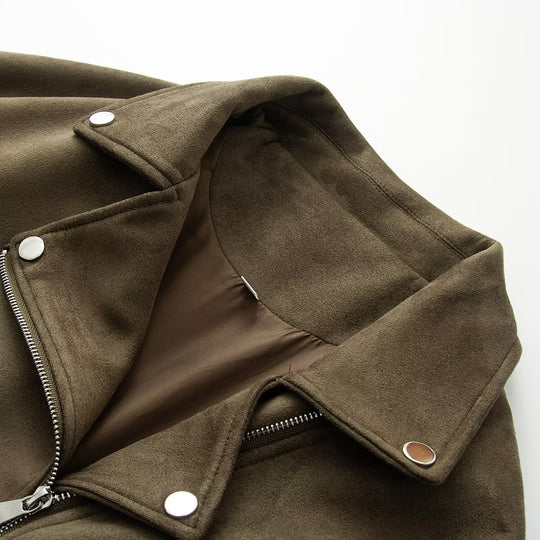 Damen Asymmetrische Veloursleder‑Optik Bikerjacke mit Stehkragen und Zippern Nord Taschen