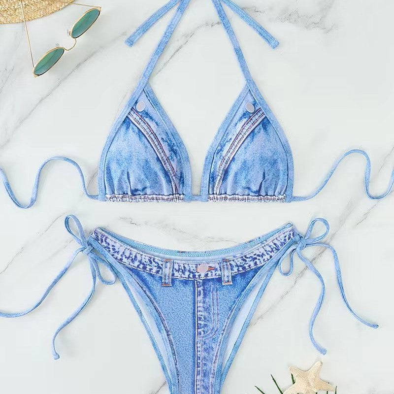Damen Triangel-Bikini mit Jeans-Optik und geflochtenen BindNord Taschenändern