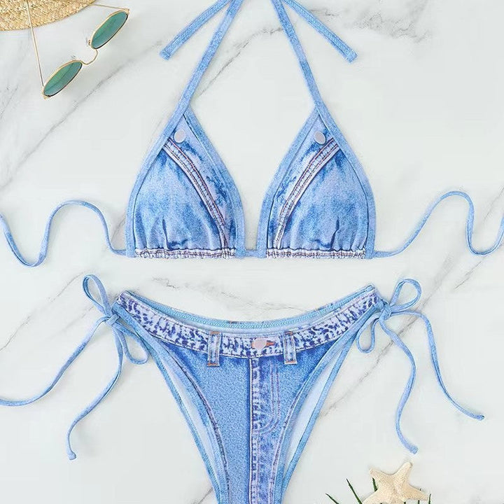 Damen Triangel-Bikini mit Jeans-Optik und geflochtenen BindNord Taschenändern