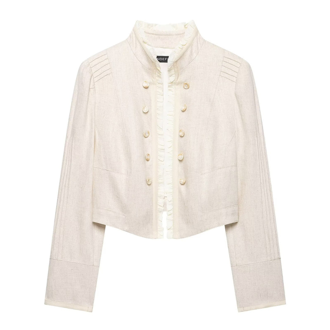 Damen Cropped Jacke mit Stehkragen, Biesenärmeln und Rüschenblende Nord Taschen
