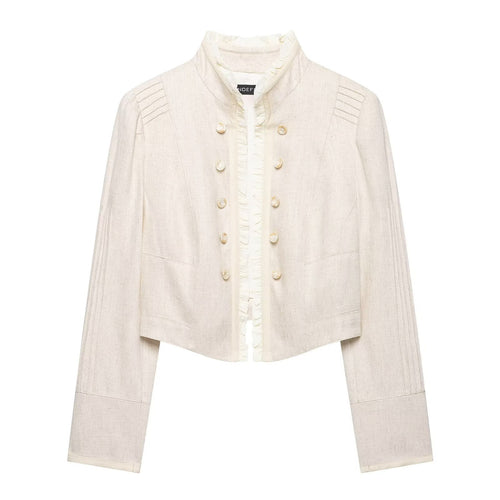 Damen Cropped Jacke mit Stehkragen, Biesenärmeln und Rüschenblende Nord Taschen