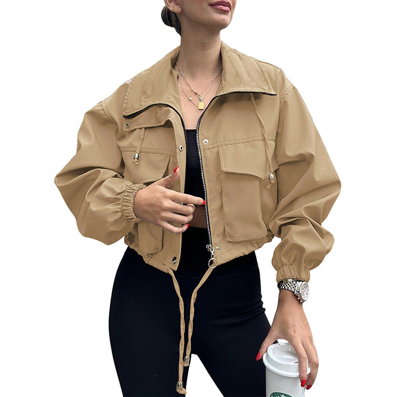 Damen Kurze Utility-Bomberjacke mit Kordelzug und Oversized-Ärmeln Nord Taschen