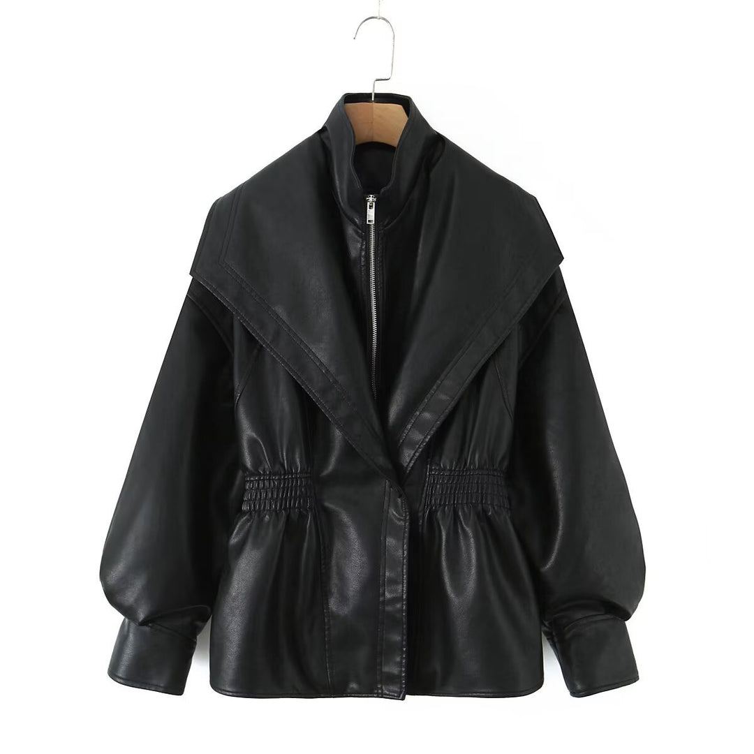 Damen Kunstlederjacke mit XXL-Schalkragen, Taillengummierung und Ballonärmeln Nord Taschen