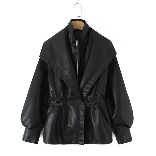 Damen Kunstlederjacke mit XXL-Schalkragen, Taillengummierung und Ballonärmeln Nord Taschen