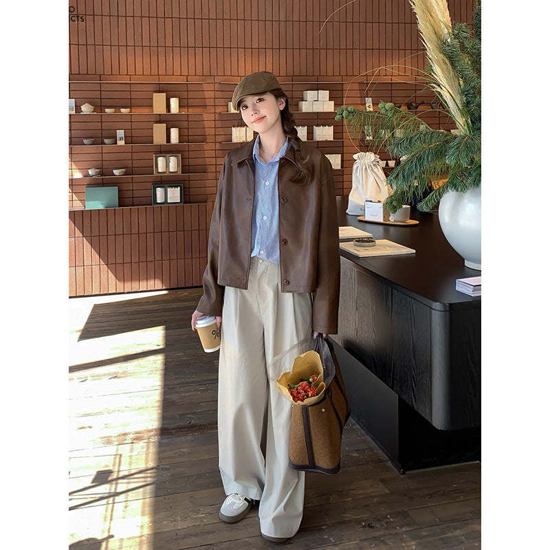 Damen Kurze Boxy-Lederjacke mit Hemdkragen Nord Taschen