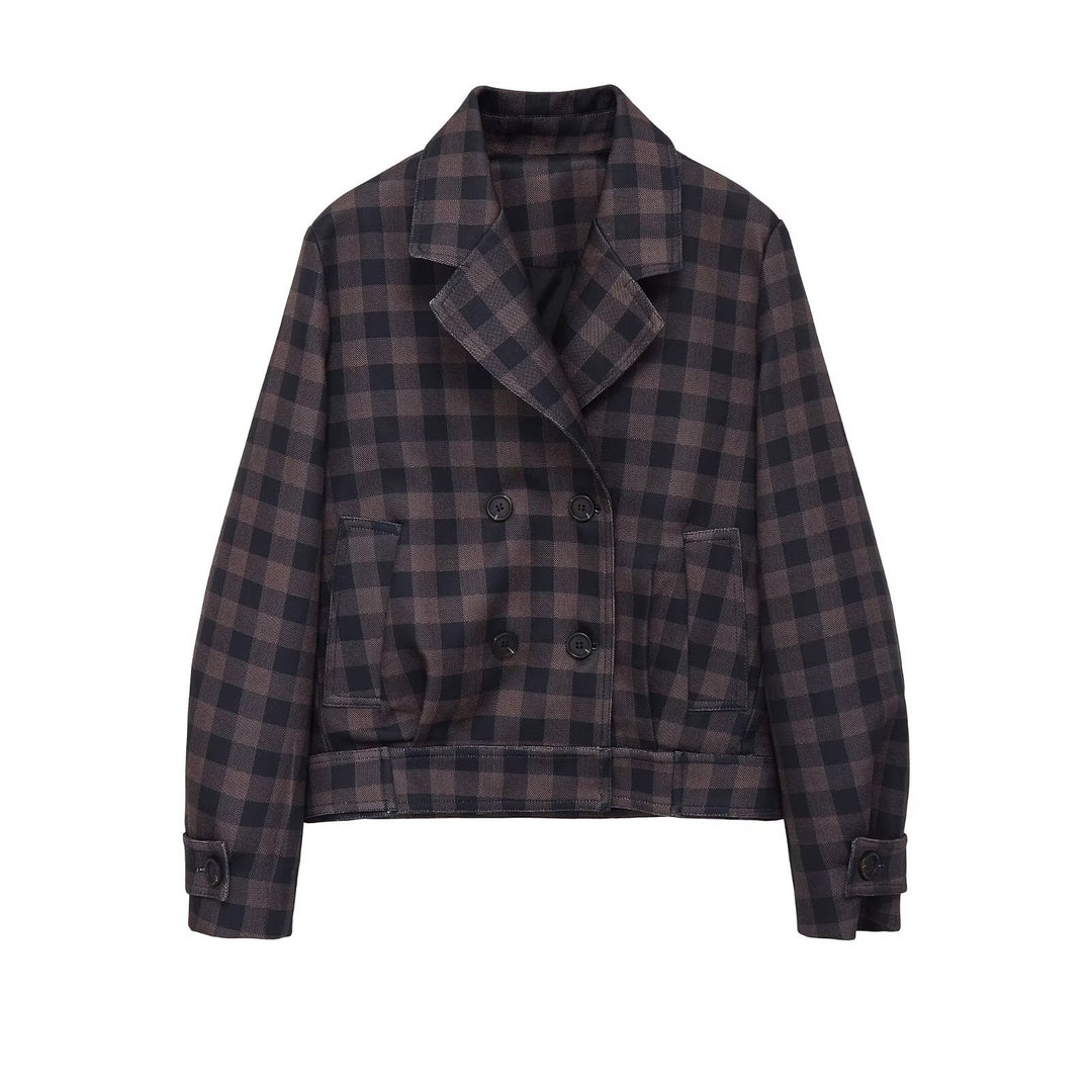 Damen Kurze Doppelreiher-Jacke im Karo-Design mit Reverskragen und Taillenbund Nord Taschen