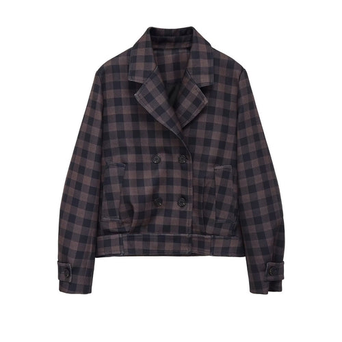 Damen Kurze Doppelreiher-Jacke im Karo-Design mit Reverskragen und Taillenbund Nord Taschen