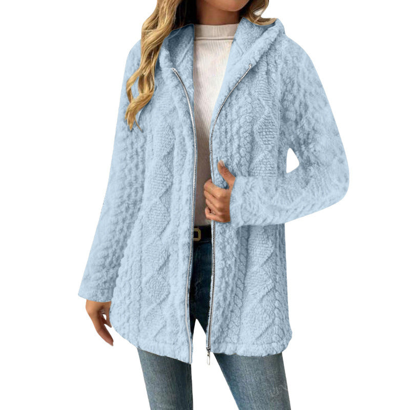 Damen Kapuzen-Sherpajacke mit Zopfmuster, mittellang und Zwei-Wege-Reißverschluss Nord Taschen