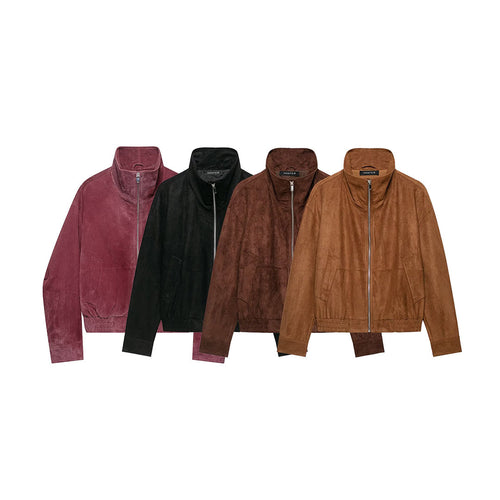 Damen Veloursleder‑Optik Bomberjacke mit hohem Funnelkragen und Gummibund Nord Taschen
