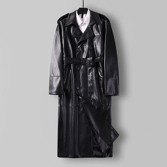 Herren Langer Kunstleder-Trenchcoat mit Doppelreiher, Taillengürtel und Schulterklappen Nord Taschen