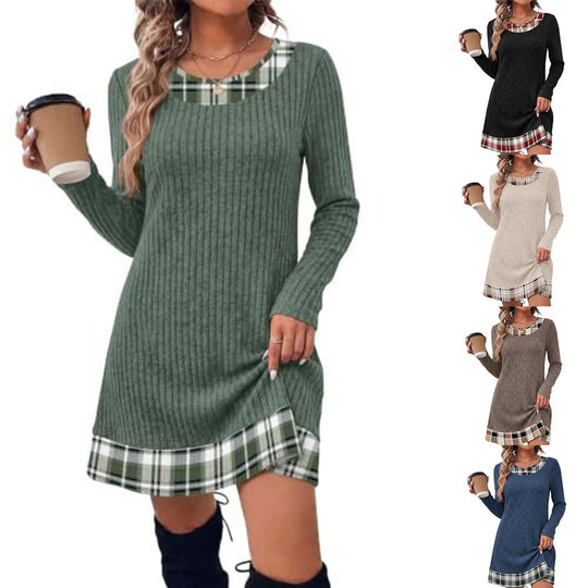 Damen Gerippte Longshirt‑Kleid mit Karierter Saum‑ und Ausschnittblende Nord Taschen