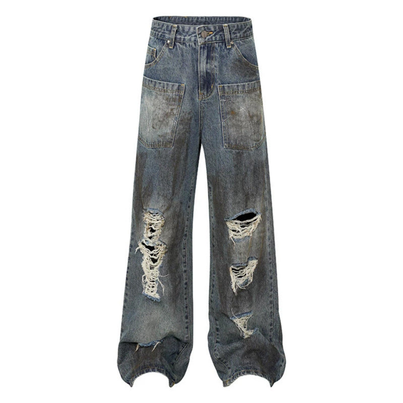 Damen Weite High‑Waist Destroyed Denim‑Palazzo‑Jeans mit aufgesetzten Taschen Nord Taschen