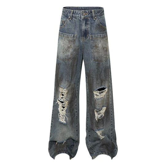 Damen Weite High‑Waist Destroyed Denim‑Palazzo‑Jeans mit aufgesetzten Taschen Nord Taschen