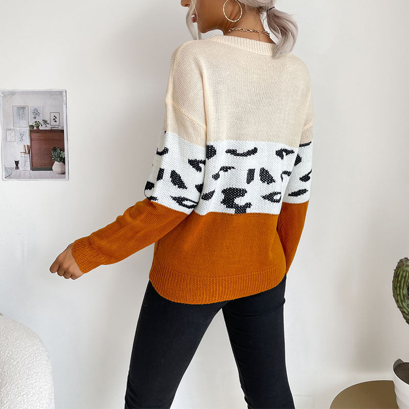 Damen Boxy-Strickpullover im Colorblock-Leopardmix mit Rundhals und gerippten Ärmeln Nord Taschen