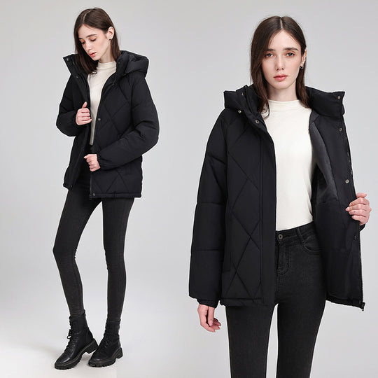 Damen nan luxuriöse kurze Pufferjacke mit integriertem Windschutzkragen und Taillengürtel Nord Taschen