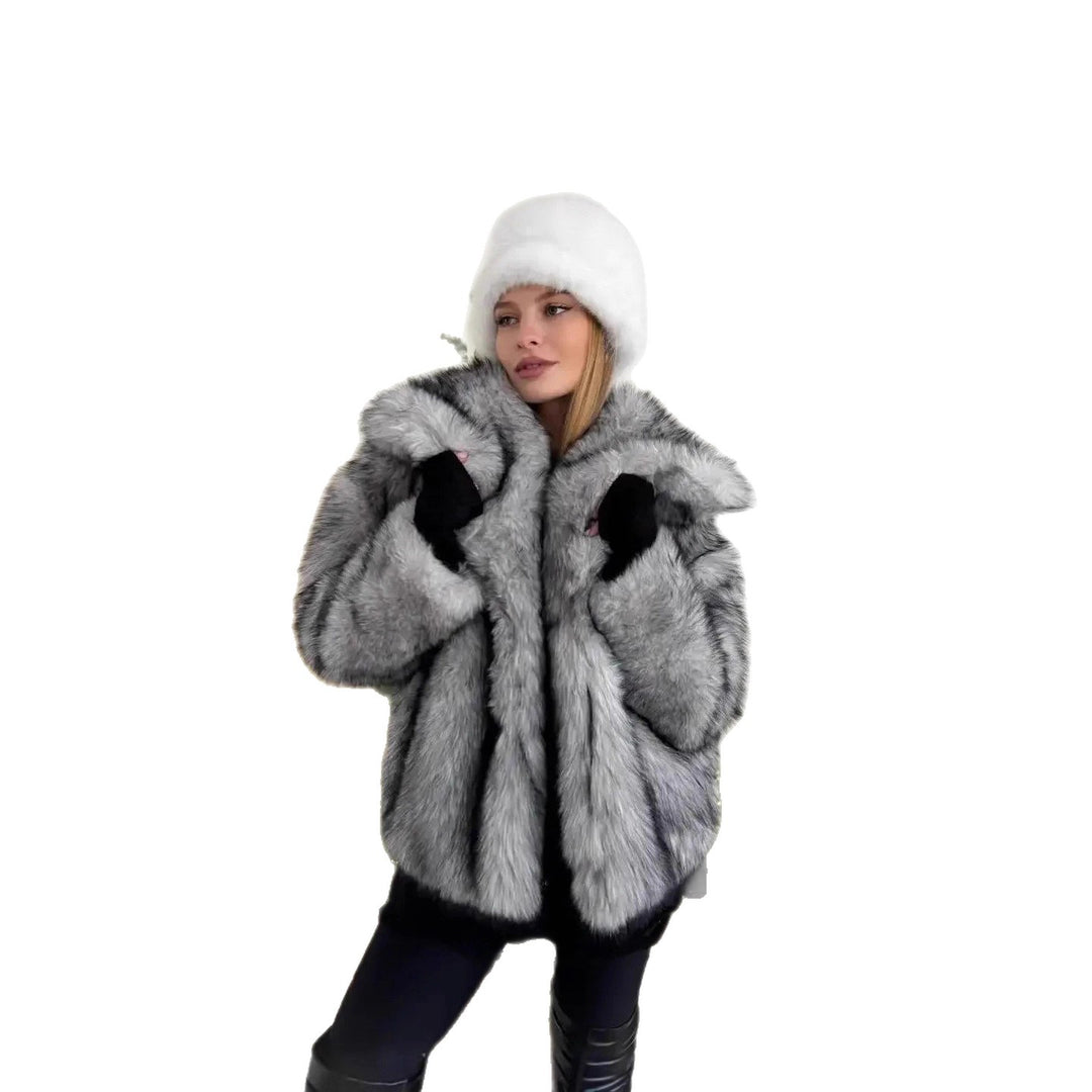 Damen Kurzmantel aus gestreiftem Hochflor-Kunstpelz, Boxy‑Silhouette und breitem Revers Nord Taschen