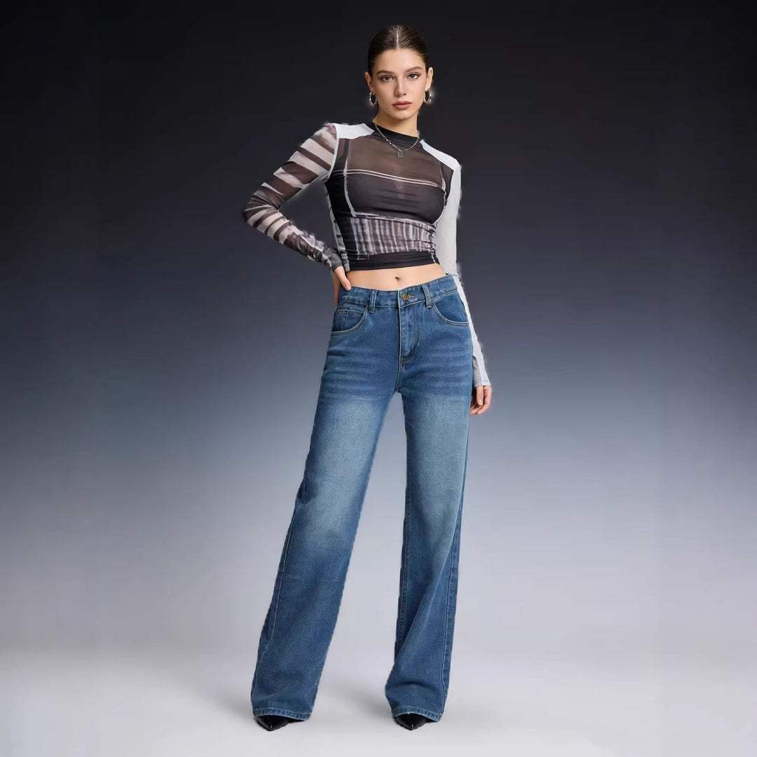 Damen hochgeschnittene Weitbein-Jeans mit tonaler Seitennaht und verwaschenem Verlauf Nord Taschen