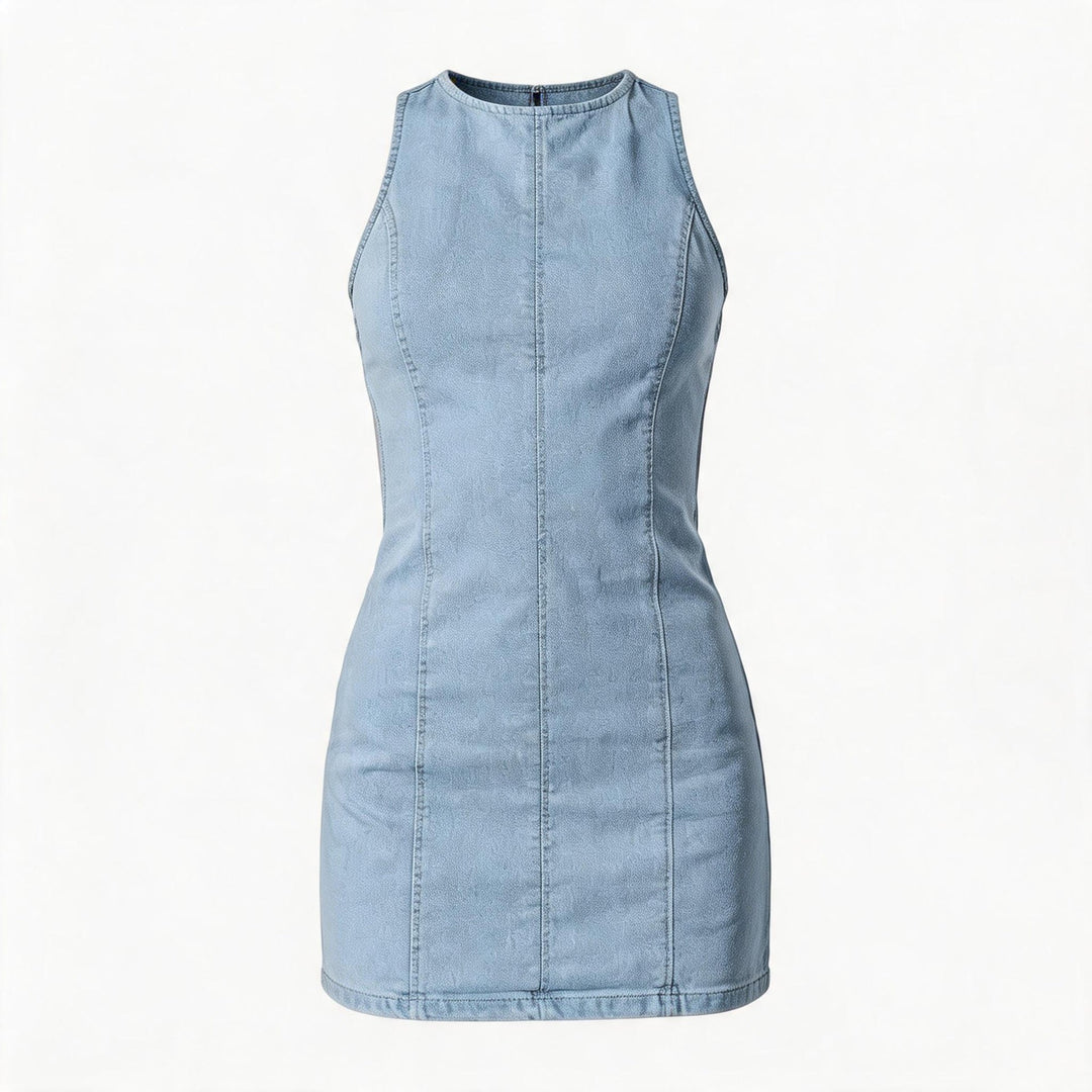 Damen figurbetontes Denim-Kleid mit Seitenschlitzen und hohem Kragen